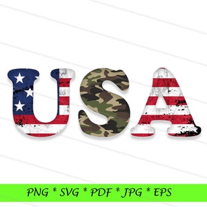 May include: USA spelled out in large letters. Each letter is filled with a different pattern: the "U" is filled with the American flag, the "S" is filled with camouflage, and the "A" is filled with the American flag.