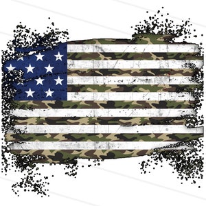 May include: A distressed American flag with a camouflage pattern overlay. The flag is faded and has a worn look, with some of the stars and stripes missing.