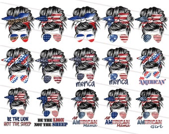 15 Design American Bun Png BUNDLE, USA Flag American Mama PNG, Patriotic Mom Life, 4th of July png Pack, 4th of July Sublimation Design