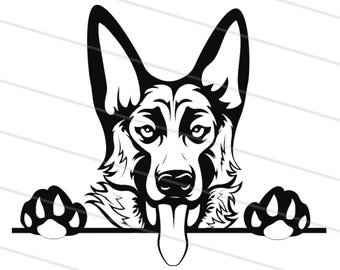 May include: Black and white illustration of a German Shepherd dog peeking over a surface with its tongue sticking out. The dog has its paws on the surface.