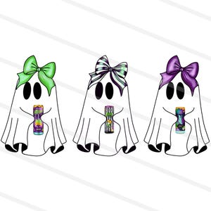 May include: Three white ghost illustrations, each featuring two black oval eyes and a colored bow on top. The first ghost wears a lime green bow, the second a black and white striped bow, and the third a purple bow. Each ghost holds a small beverage can.