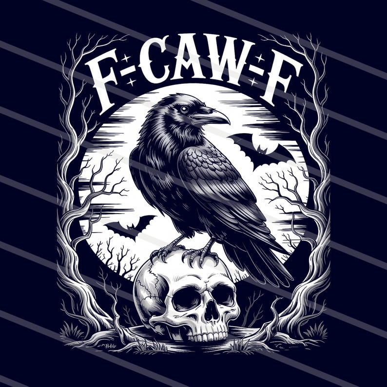 May include: A black and white illustration featuring a raven perched atop a skull, with bats and bare trees against a full moon. The text "F-CAW-F" arches above the raven. The design has a gothic or Halloween theme.