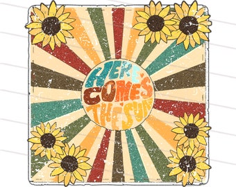 Retro Here Comes The Sun Png, Summer Png, Groovy Trendy Sublimation Design Download, Floral Summer Family Vacation design, Boho Hippie PNG