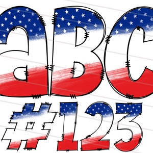 K&ouml;nnte beinhalten: Rote, wei&szlig;e und blaue Buchstaben und Zahlen des Alphabets mit einem abgenutzten, handgezeichneten Stil und einem Sternenmuster. Die Buchstaben sind A, B, C, und die Zahlen sind 1, 2, 3.