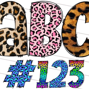 5 Different Leopard Doodle Font Bundle PNG, Hand Drawn Cheetah Letter Alphabet Pack, Alphabet Clipart Bundle Pack Letters, Numbers and Signs