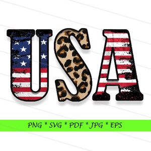 May include: USA graphic with a distressed American flag design on the U and A, and a leopard print design on the S.