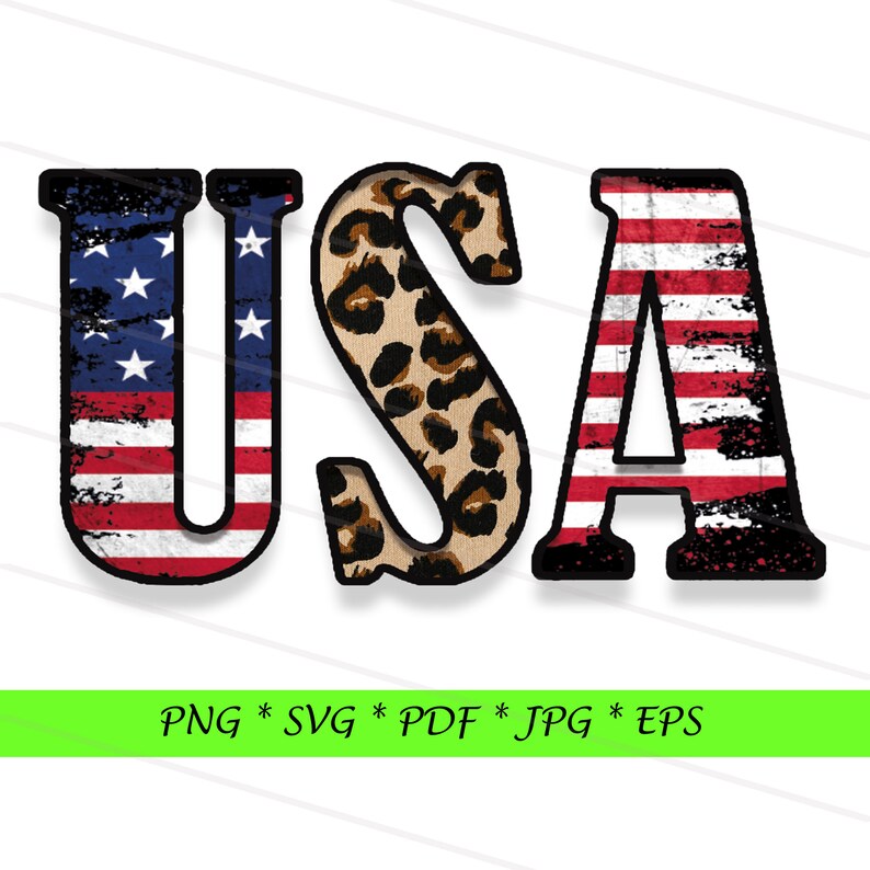 May include: USA graphic with a distressed American flag design on the U and A, and a leopard print design on the S.