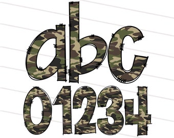 Minuscule Camo Doodle Font Bundle PNG, dessin à la main camouflage lettre alphabet, png, svg, alphabet clipart bundle pack lettres, chiffres