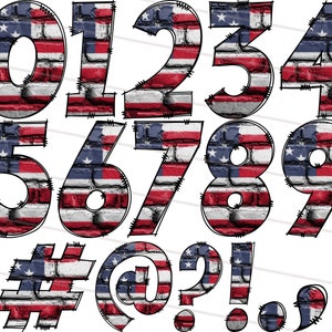 K&ouml;nnte beinhalten: Die Zahlen 0 bis 9, #, @, ?, ! und ein Komma, im Stil eines Ziegelsteinmusters und in den Farben der amerikanischen Flagge.