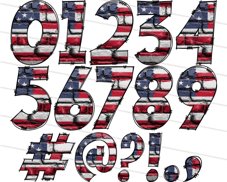 K&ouml;nnte beinhalten: Die Zahlen 0 bis 9, #, @, ?, ! und ein Komma, im Stil eines Ziegelsteinmusters und in den Farben der amerikanischen Flagge.