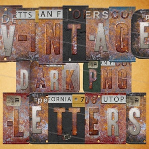 Vintage Digital Download, Vintage License Plate Letters Bundle of PNG Graphic Letters & Numbers, Retro Alphabet Clipart Pack