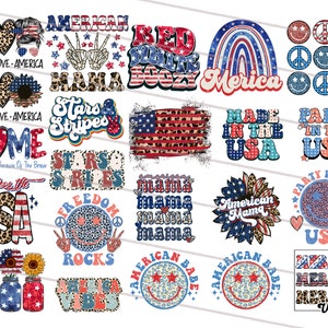 Könnte beinhalten: Eine Sammlung von 16 digitalen Designs mit patriotischen amerikanischen Motiven. Die Designs beinhalten Sterne, Streifen, Friedenszeichen, Herzen und die Worte "Made in the USA", "Party in the USA", "American Mama", "Merica", "Stars & Stripes", "Freedom Rocks", "America Vibes" und "Red White Boozy".