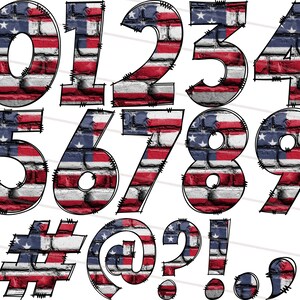 K&ouml;nnte beinhalten: Die Zahlen 0 bis 9, #, @, ?, ! und ein Komma, im Stil eines Ziegelsteinmusters und in den Farben der amerikanischen Flagge.