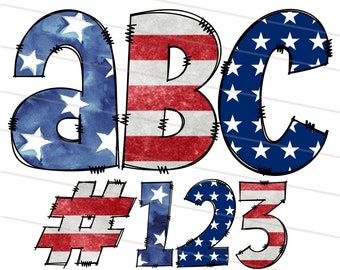 May include: Red, white, and blue alphabet letters and numbers with a watercolor-style American flag design. The letters are A, B, C, and the numbers are 1, 2, 3.