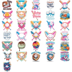 May include: A collection of baseball-themed graphic designs with a colorful, dripping aesthetic. Each design features baseballs, bats, and phrases like "Respect the Drip" and "Swing for the Fences" in vibrant colors, suitable for apparel or accessories.