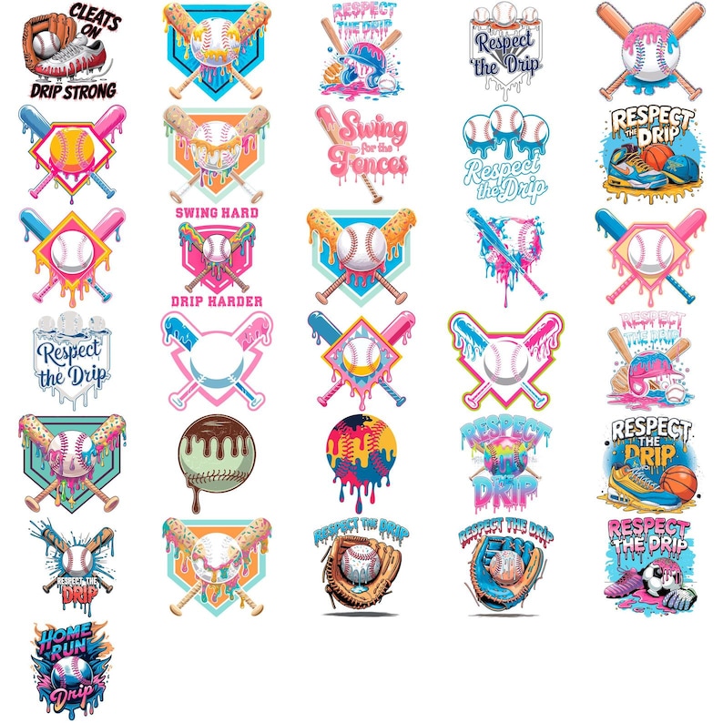 May include: A collection of baseball-themed graphic designs with a colorful, dripping aesthetic. Each design features baseballs, bats, and phrases like "Respect the Drip" and "Swing for the Fences" in vibrant colors, suitable for apparel or accessories.