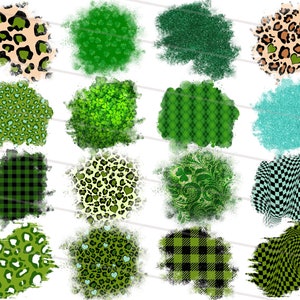 Puede incluir: Un conjunto de 16 fondos de papel digital con varios patrones verdes y negros, incluyendo cuadros, estampado de leopardo y diseños de trébol. Estos papeles digitales son perfectos para agregar un toque de fantasía y encanto irlandés a tus manualidades y proyectos.