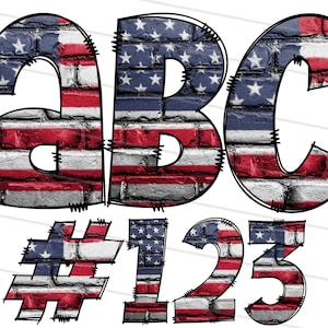 K&ouml;nnte beinhalten: ABC und die Zahlen 123 in einem Ziegelmuster mit den Farben Rot, Wei&szlig; und Blau, &auml;hnlich der amerikanischen Flagge.
