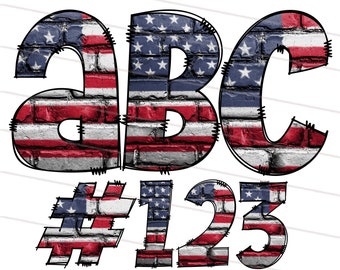 Rustic USA Flag Alphabet Letters PNG Bundle, Patriotic American Flag Doodle Letters, Hand Drawn Alphabet Doodle, 4th Of July Clipart Font