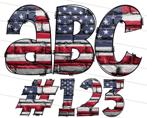 Rustic USA Flag Alphabet Letters PNG Bundle, Patriotic American Flag Doodle Letters, Hand Drawn Alphabet Doodle, 4th Of July Clipart Font