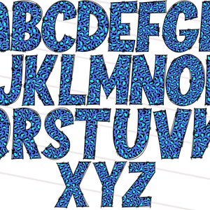 Blue Leopard Doodle Font Bundle PNG, Hand Drawn Cheetah Letter Alphabet ...
