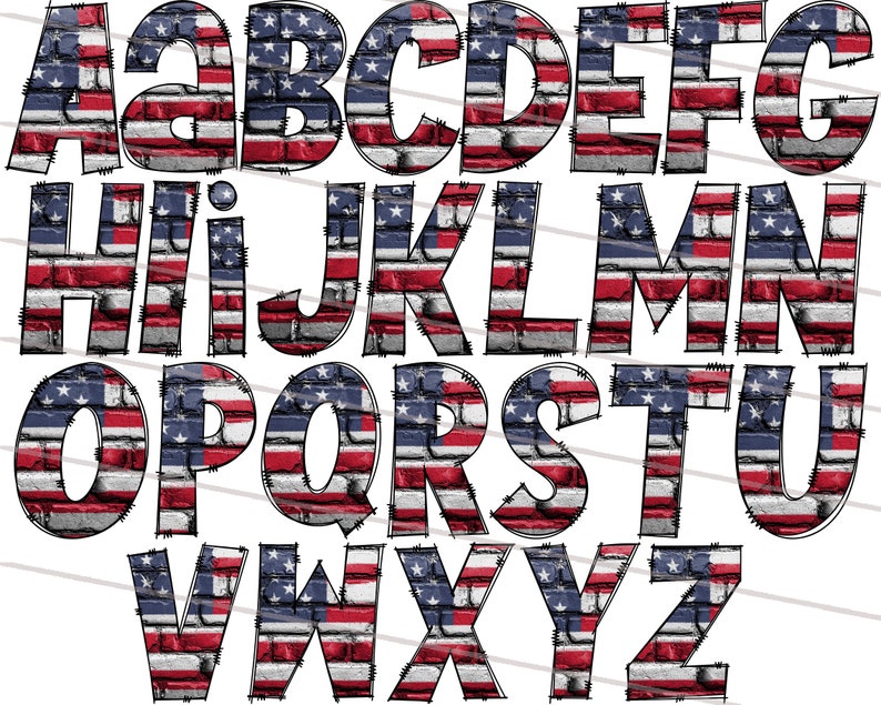 K&ouml;nnte beinhalten: Ein Alphabet in einem Ziegelmuster mit den Farben Rot, Wei&szlig; und Blau, das an die amerikanische Flagge erinnert.