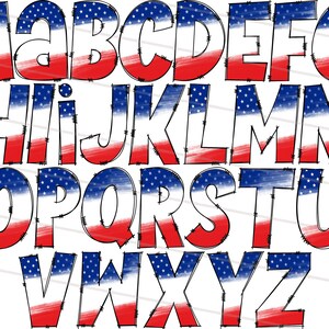 K&ouml;nnte beinhalten: Ein Satz von Gro&szlig;buchstaben in einem rot-wei&szlig;-blauen Farbschema, das an die amerikanische Flagge erinnert. Die Buchstaben sind schwarz umrandet und haben einen abgenutzten, handgemalten Look.