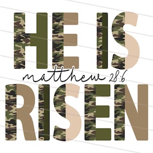 Op de afbeelding: Hij is opgestaan, Matthe&uuml;s 28:6, in een camouflagepatroon met groene, bruine en beige kleuren.
