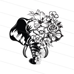 May include: Black and white line art illustration of an elephant's head with a floral crown. The crown is made of roses, hibiscus, and other flowers.
