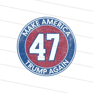 以下が含まれることがあります： 「Make America Trump Again」というテキストと中央に「47」という数字が書かれた、赤、白、青の円形ステッカーです。