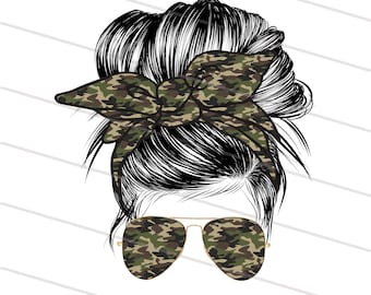 Camo Army Life Żona Mama Sublimacja Projekt Pobieranie Zabawna Mama Rozczochrany Kok Włosy Okulary Przeciwsłoneczne Opaska Mama Życie PNG Sublimacja Wydrukowalne