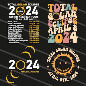 May include: A black graphic design featuring text about the Total Solar Eclipse on April 8, 2024. The design includes a list of cities and times for the North America tour, along with stylized sun and moon graphics.