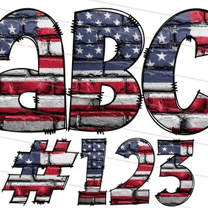 K&ouml;nnte beinhalten: ABC und die Zahlen 123 in einem Ziegelmuster mit den Farben Rot, Wei&szlig; und Blau, &auml;hnlich der amerikanischen Flagge.