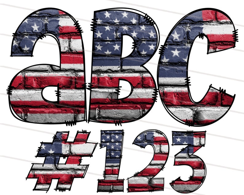 K&ouml;nnte beinhalten: ABC und die Zahlen 123 in einem Ziegelmuster mit den Farben Rot, Wei&szlig; und Blau, &auml;hnlich der amerikanischen Flagge.