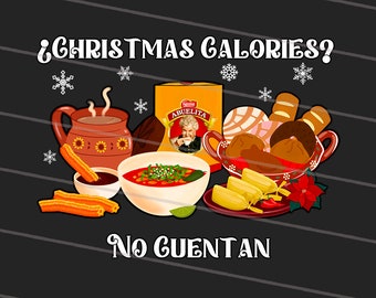 May include: Illustration with the text "Christmas Calories? No Cuentan" featuring a variety of Mexican Christmas foods. Includes churros, hot chocolate, tamales, pan dulce, and a box of Abuelita chocolate.