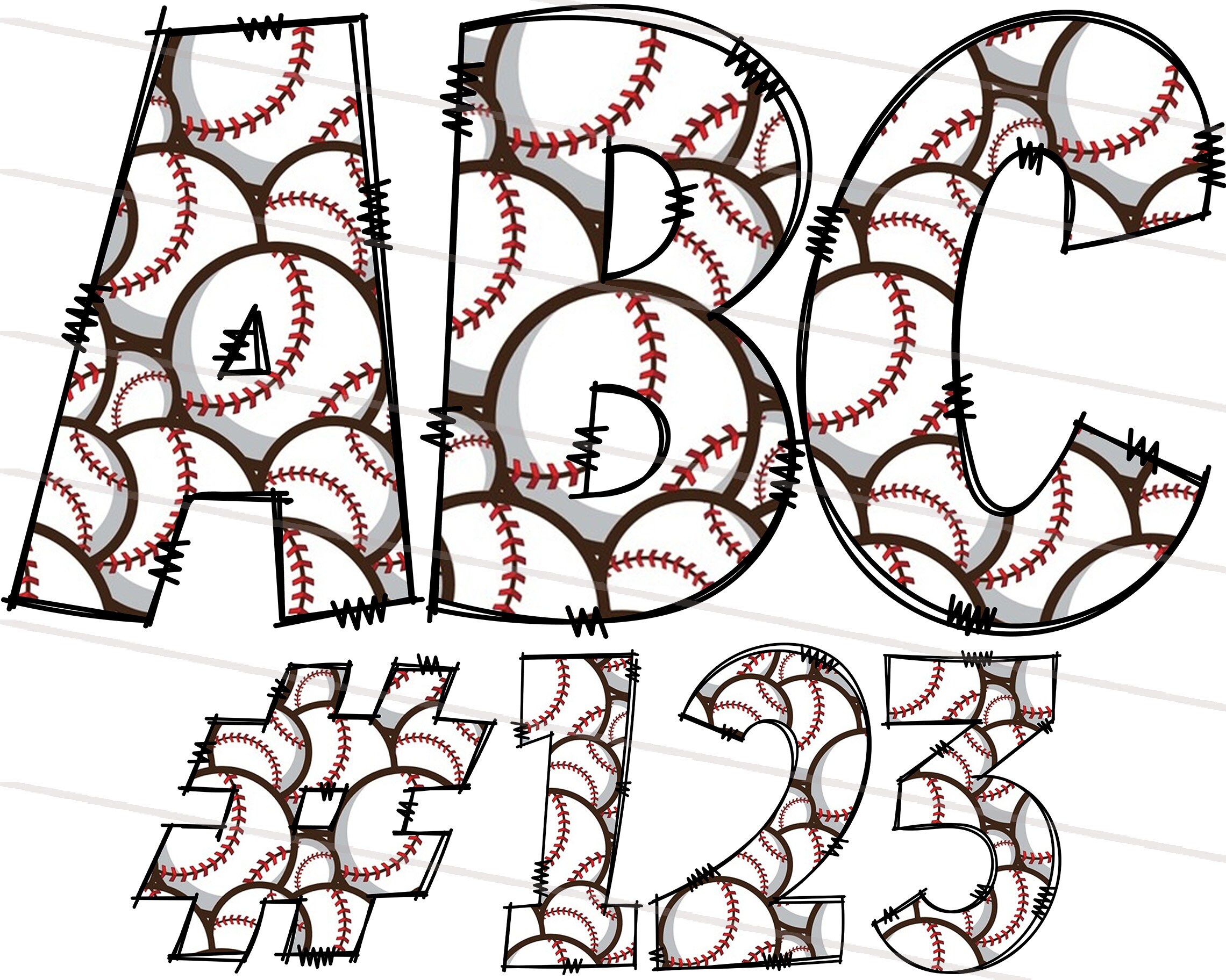 Baseball Doodle Font Bundle PNG, Hand Drawn Retro Baseball Pattern ...
