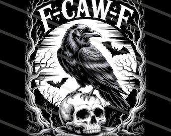 May include: Black and white illustration featuring a raven perched atop a human skull. The raven is detailed with textured feathers, set against a full moon backdrop. The image includes the text "F-CAW-F" and silhouettes of bats and bare trees.