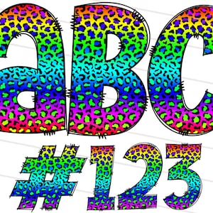 Rainbow Leopard Doodle Font Bundle PNG, Hand Drawn Cheetah Letter Alphabet, LGBT, Alphabet Clipart Bundle Pack Letters, Numbers and Signs