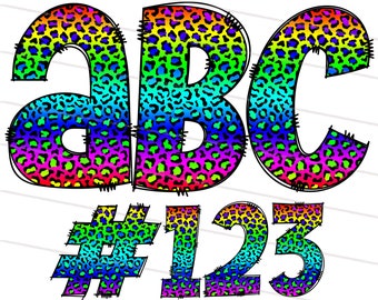 Rainbow Leopard Doodle Font Bundle PNG, Hand Drawn Cheetah Letter Alphabet, LGBT, Alphabet Clipart Bundle Pack Letters, Numbers and Signs