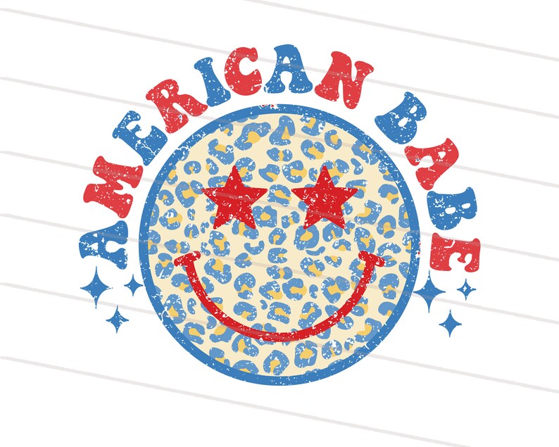 May include: A blue and yellow smiley face with red stars for eyes and the text "AMERICAN BABE" in red and blue letters around the face.