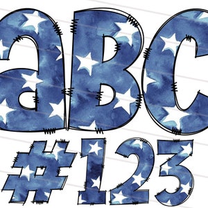 Watercolor USA Stars Alphabet Letters PNG Bundle, Patriotic American Flag Doodle Letters, Hand Drawn Alphabet Doodle, 4th Of July PNG Font