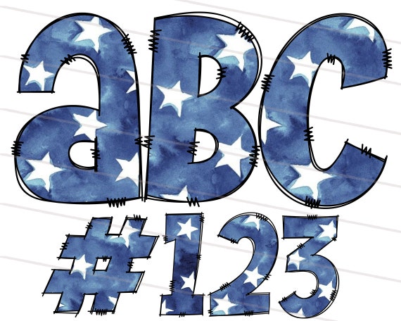 Watercolor USA Stars Alphabet Letters PNG Bundle, Patriotic American Flag Doodle Letters, Hand Drawn Alphabet Doodle, 4th Of July PNG Font