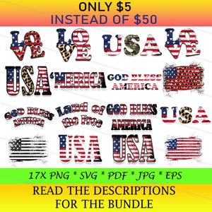 May include: A digital download of 17 patriotic graphics featuring the American flag, stars, stripes, and text such as "Love USA", "God Bless America", and "Land of the Free".
