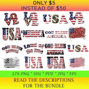 May include: A digital download of 17 patriotic graphics featuring the American flag, stars, stripes, and the words "Love USA", "USA", "America", "God Bless America", and "Land of the Free".
