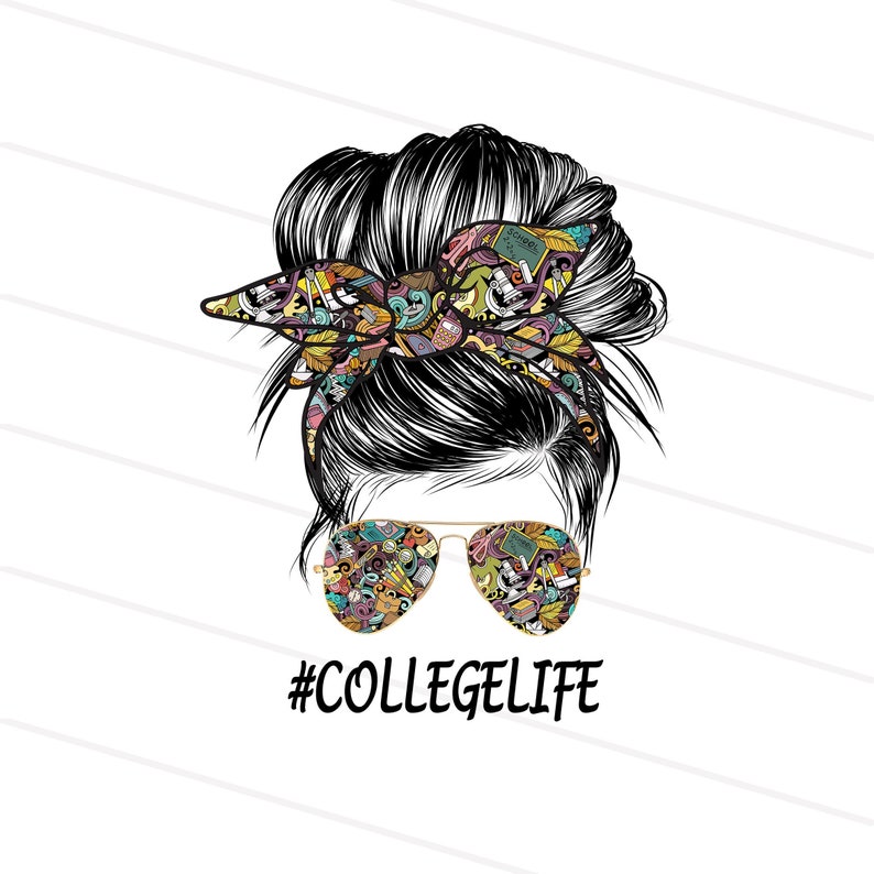 May include: Illustration of a woman's hair styled in a messy bun, wearing patterned sunglasses and a matching headband. The sunglasses and headband feature a colorful design. The text "#COLLEGE LIFE" is below the image.