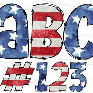 May include: ABC and the numbers 123 in a red, white and blue patriotic design. The letters and numbers are outlined in black and have a stitched look.