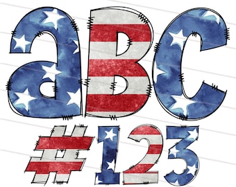 Sterne und Streifen USA Flagge Alphabet Buchstaben PNG Bundle, Patriotische Amerikanische Flagge Doodle Buchstaben, handgezeichnete Alphabet Doodle, 4th Of Juli Schriftart