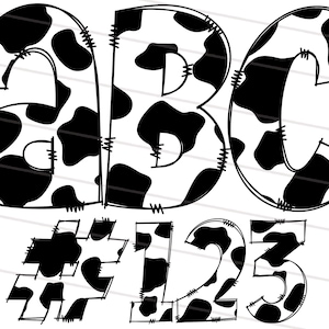 VOL 1- Zwart-wit Cow Doodle Font Bundle PNG, Handgetekende Koe Letter Alfabet Svg, Alfabet Clipart Bundle Pack Letters, Cijfers, Tekens