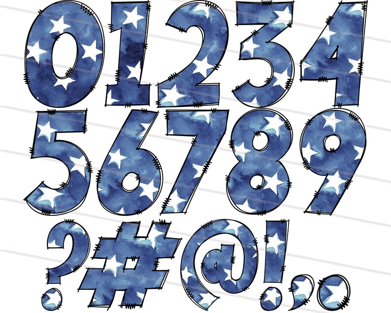 May include: Blue watercolour numbers and symbols with white stars. The numbers include 0, 1, 2, 3, 4, 5, 6, 7, 8, 9. The symbols include a question mark, a pound sign, an at symbol, and an exclamation point.
