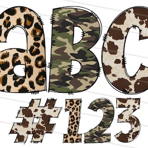 May include: A set of alphabet letters and numbers with a patchwork design. The letters A, B, and C are in leopard, camouflage, and cow print patterns. The numbers 1, 2, and 3 are in leopard and cow print patterns.